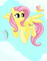 Size: 607x794 | Tagged: safe, artist:strange-thingshappen, derpibooru import, fluttershy, butterfly, pegasus, pony, cloud, female, flying, looking at something, mare, smiling, solo, spread wings, wings