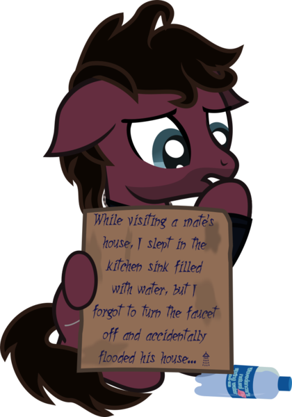 Size: 871x1243 | Tagged: safe, artist:lightningbolt, derpibooru import, ponified, ponified:jordan fish, earth pony, pony, .svg available, bring me the horizon, clothes, colored pupils, disguise, disguised seapony, facial hair, floppy ears, frown, hoof hold, hoof over mouth, jewelry, lidded eyes, long sleeves, male, necklace, pony shaming, shirt, sign, simple background, sitting, solo, stallion, svg, transparent background, vector, water bottle