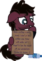 Size: 871x1243 | Tagged: safe, artist:lightningbolt, derpibooru import, ponified, ponified:jordan fish, earth pony, pony, .svg available, bring me the horizon, clothes, colored pupils, disguise, disguised seapony, facial hair, floppy ears, frown, hoof hold, hoof over mouth, jewelry, lidded eyes, long sleeves, male, necklace, pony shaming, shirt, sign, simple background, sitting, solo, stallion, svg, transparent background, vector, water bottle