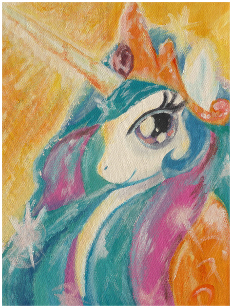 Size: 3743x4967 | Tagged: safe, artist:thefredricus, derpibooru import, princess celestia, alicorn, pony, absurd resolution, acrylic painting, bust, canvas, crown, female, jewelry, mare, portrait, profile, regalia, shine, simple background, smiling, solo, sun glare, sunlight, traditional art, yellow background