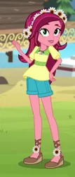 Size: 402x943 | Tagged: safe, derpibooru import, screencap, gloriosa daisy, equestria girls, legend of everfree, beautiful, clothes, cropped, denim shorts, female, flower, flower in hair, freckles, geode of fauna, geode of shielding, geode of sugar bombs, geode of super speed, geode of super strength, grass, legs, magical geodes, sexy, shoes, shorts, smiling, solo, tomboy, water