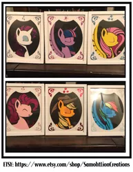 Size: 2550x3300 | Tagged: safe, artist:samoht-lion, derpibooru import, applejack, fluttershy, pinkie pie, rainbow dash, rarity, twilight sparkle, twilight sparkle (alicorn), alicorn, earth pony, pegasus, pony, unicorn, bust, craft, eyes closed, female, hat, irl, mane six, mare, papercraft, photo, smiling, traditional art