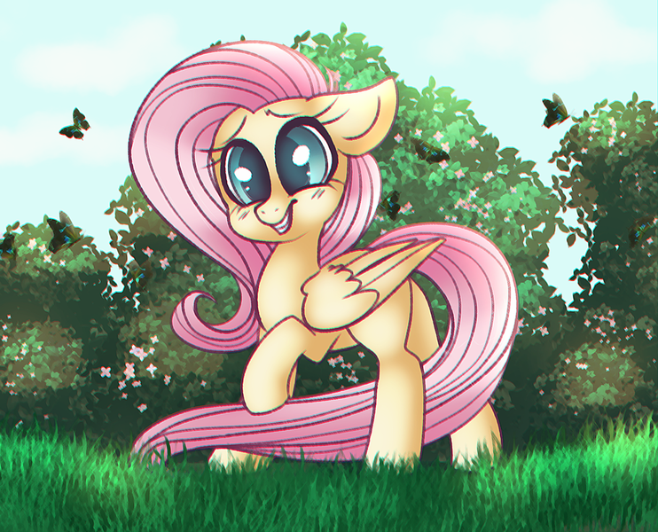 Size: 1280x1035 | Tagged: safe, artist:ponycide, derpibooru import, fluttershy, butterfly, pegasus, pony, cute, female, floppy ears, folded wings, looking at you, mare, outdoors, raised hoof, shyabetes, smiling, solo, standing, wings