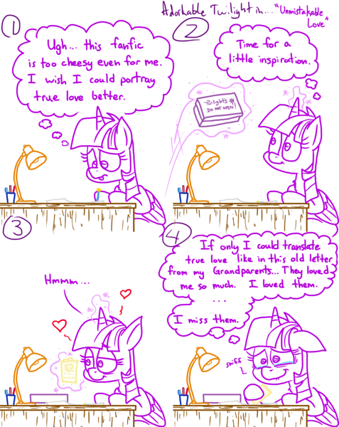 Size: 4779x6013 | Tagged: safe, artist:adorkabletwilightandfriends, derpibooru import, twilight sparkle, twilight sparkle (alicorn), alicorn, pony, comic:adorkable twilight and friends, fanfic, adorkable, adorkable twilight, box, choked up, comic, crying, cute, desk, dork, emotional, emotions, feels, glowing horn, holding back, holding back tears, horn, lamp, letter, love, magic, pen, remember, remembrance, sitting, smiling, telekinesis, true love, twiabetes, writing