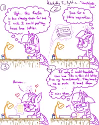 Size: 4779x6013 | Tagged: safe, artist:adorkabletwilightandfriends, derpibooru import, twilight sparkle, twilight sparkle (alicorn), alicorn, pony, comic:adorkable twilight and friends, fanfic, adorkable, adorkable twilight, box, choked up, comic, crying, cute, desk, dork, emotional, emotions, feels, glowing horn, holding back, holding back tears, horn, lamp, letter, love, magic, pen, remember, remembrance, sitting, smiling, telekinesis, true love, twiabetes, writing