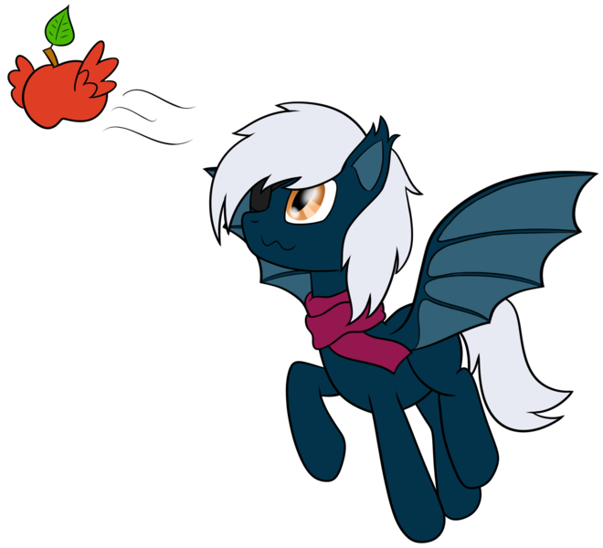 Size: 1653x1503 | Tagged: safe, artist:cloudy95, derpibooru import, oc, oc:patchy darkwing, bat pony, pony, apple, eyepatch, food, male, simple background, solo, stallion, transparent background