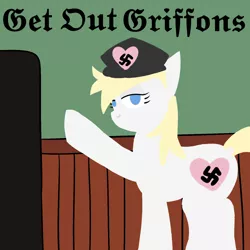 Size: 1500x1500 | Tagged: safe, artist:poniidesu, derpibooru import, oc, oc:aryanne, gryphon, aryan, aryan pony, blackletter, blonde, blonde mane, blonde tail, blue eyes, colored, door, drawthread, flat colors, get out, griffons as jews stereotype, hat, /mlp/, nazi, nazi hat, nazipone, pointing, racism, requested art, swastika, text, white fur