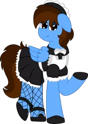 Size: 1817x2561 | Tagged: safe, artist:finnythewolfie, derpibooru import, oc, oc:pegasusgamer, pegasus, pony, clothes, crossdressing, dress, fishnets, full body, headband, maid, male, raised hoof, shoes, simple background, transparent background, wings