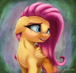 Size: 2900x2800 | Tagged: safe, artist:galinn-arts, derpibooru import, fluttershy, pegasus, pony, chest fluff, crying, cute, female, floppy ears, folded wings, head turn, looking away, mare, open mouth, sad, sadorable, solo, teary eyes, teeth, three quarter view, wings