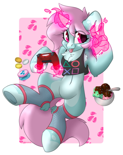 Size: 5319x6681 | Tagged: safe, artist:spoopygander, derpibooru import, oc, oc:scoops, pony, unicorn, :p, bits, chest fluff, clothes, coin, controller, fishnets, food, gamer girl, gamer girl bathwater, ice cream, looking at you, magic, markings, money, playstation 4, smiling, socks, solo, tanktop, tongue out, underhoof