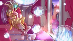 Size: 1920x1080 | Tagged: safe, artist:sadonax, derpibooru import, angel bunny, discord, fluttershy, princess celestia, twilight sparkle, draconequus, pegasus, pony, rabbit, animal, bad end, broken window, bubble, canterlot castle, chaos, contest entry, corrupted, corrupted fluttershy, discoshy, evil, evil fluttershy, evil grin, female, fire, grin, hand on head, image, in bubble, insanity, jpeg, levitation, magic, male, shipping, smiling, straight, telekinesis, throne, trapped, usurpation, window