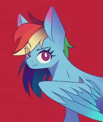 Size: 1600x1900 | Tagged: safe, artist:inkstones, derpibooru import, rainbow dash, pegasus, pony, cute, eye clipping through hair, eyelashes, female, large ears, mare, red background, simple background, smiling, smirk, spread wings, wings