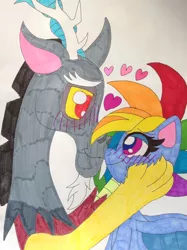 Size: 1024x1366 | Tagged: safe, artist:puresthope125, derpibooru import, discord, rainbow dash, draconequus, pegasus, pony, my little pony: pony life, blushing, cheek fluff, discodash, female, heart, male, mare, shipping, straight, traditional art