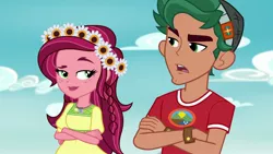 Size: 1920x1080 | Tagged: safe, derpibooru import, screencap, gloriosa daisy, timber spruce, equestria girls, legend of everfree, brother and sister, camp everfree outfits, crossed arms, female, flower, flower in hair, geode of fauna, geode of shielding, geode of sugar bombs, geode of super speed, geode of super strength, magical geodes, male, siblings, sky