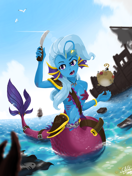 Size: 1536x2048 | Tagged: angler fish, anthro, artist:qzygugu, beach, bomb, derpibooru import, ear fins, female, fish, gills, knife, mermaid, mermaidized, puffer fish, safe, solo, species swap, starfish bra, trixie, weapon