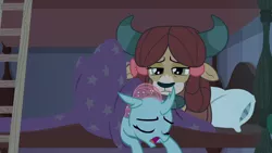 Size: 1920x1080 | Tagged: 2 4 6 greaaat, bed, bed bug, blanket, bow, changedling, changeling, cloven hooves, cute, derpibooru import, diaocelles, female, hair bow, ladder, monkey swings, ocellus, pillow, safe, screencap, sleeping, yak, yona, yonadorable