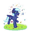 Size: 115x126 | Tagged: artist needed, safe, derpibooru import, oc, oc:moonlight drop, unofficial characters only, pegasus, pony, flower, grass, happy, headphones, male, music notes, pixel art, simple background, solo, stallion, transparent background