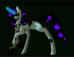 Size: 13000x10000 | Tagged: grimdark, artist:spiritwolfea, derpibooru import, rarity, pony, unicorn, lil-miss rarity, black sclera, blood, chest fluff, cutie mark, eye scar, female, glowing cutie mark, glowing horn, gray background, grin, horn, injured, leg fluff, looking at you, mare, messy mane, scar, simple background, smiling, solo