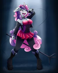 Size: 1294x1631 | Tagged: safe, artist:ambris, derpibooru import, sweetie belle, anthro, unicorn, adorasexy, bell, bell collar, blushing, boots, breasts, busty sweetie belle, choker, cleavage, clothes, collar, corset, cute, diasweetes, dress, ear piercing, earring, eyes closed, female, floppy ears, high heel boots, jacket, jewelry, leggings, mare, microphone, microphone stand, miniskirt, older, older sweetie belle, open jacket, open mouth, pantyhose, piercing, rocker, sexy, shoes, singer, singing, skirt, solo, sparkles, spotlight