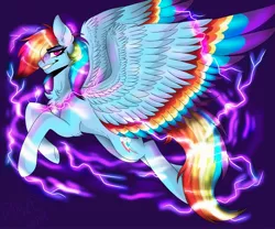 Size: 1250x1042 | Tagged: safe, artist:spiritwolfea, derpibooru import, rainbow dash, pegasus, pony, colored wings, cutie mark, electricity, eyebrows visible through hair, flying, grin, hair over one eye, large wings, lidded eyes, looking at you, male, rainbow blitz, rule 63, smiling, solo, spread wings, stallion, wings