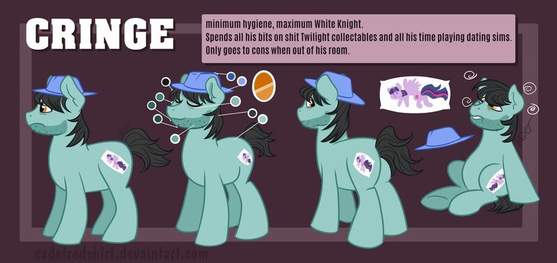 Size: 1280x604 | Tagged: safe, artist:cadetredshirt, derpibooru import, oc, oc:cringe, unofficial characters only, earth pony, pony, body pillow, clothes, different angles, dizzy, eyes closed, fedora, five o'clock shadow, hat, orange eyes, reference sheet, solo, tired