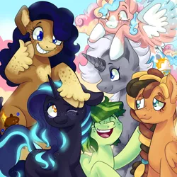 Size: 1500x1500 | Tagged: safe, artist:trinoids, derpibooru import, oc, unofficial characters only, alicorn, earth pony, pegasus, pony, unicorn, alicorn oc, blaze (coat marking), cloven hooves, coat markings, commission, cutie mark, ethereal mane, eyes closed, female, freckles, friendship, glowing mane, grin, horn, mare, open mouth, smiling, socks (coat marking), starry mane, wings