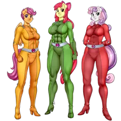 Size: 1005x1000 | Tagged: safe, artist:pia-sama, derpibooru import, apple bloom, scootaloo, sweetie belle, anthro, earth pony, pegasus, unicorn, abs, apple brawn, arm behind back, bodysuit, boots, breasts, busty apple bloom, busty scootaloo, busty sweetie belle, catsuit, clothes, commission, cosplay, costume, cutie mark crusaders, muscles, older, older apple bloom, older cmc, older scootaloo, older sweetie belle, shoes, simple background, skinsuit, totally spies, transparent background