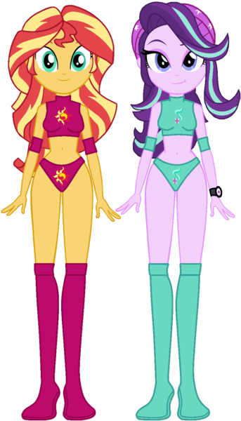 Size: 871x1523 | Tagged: suggestive, artist:invisibleink, deleted from derpibooru, derpibooru import, edit, starlight glimmer, sunset shimmer, equestria girls, mirror magic, spoiler:eqg specials, beanie, belly button, boots, breasts, clothes, commission, cutie mark, elbow pads, female, hat, knee pads, looking at you, midriff, shoes, simple background, sports, sports bra, sports panties, tag team, transparent background, vector, watch, wrestler, wrestling