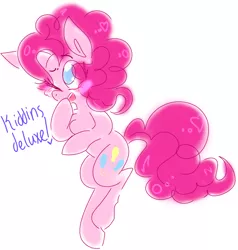 Size: 1280x1344 | Tagged: safe, artist:kiddinsdeluxe, derpibooru import, pinkie pie, earth pony, pony, cheek fluff, chest fluff, cute, diapinkes, eye clipping through hair, female, heart, mare, no pupils, one eye closed, open mouth, simple background, solo, white background, wink