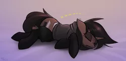 Size: 2832x1369 | Tagged: safe, artist:fenixdust, derpibooru import, oc, oc:ivy, pony, unicorn, clothes, female, hockless socks, hoodie, mare, onomatopoeia, sleeping, socks, sound effects, thigh highs, zzz