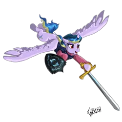 Size: 3543x3543 | Tagged: artist:ghouleh, derpibooru import, dive, diving, flight, flying, hat, oc, oc:sky song, pegasus, rapier, safe, shield, simple background, solo, sword, transparent background, unofficial characters only, weapon