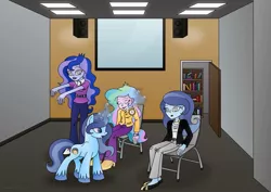 Size: 1063x752 | Tagged: safe, artist:lavenderrain24, derpibooru import, princess celestia, princess luna, oc, oc:spiral swirl, pony, unicorn, equestria girls, chair, human ponidox, hypnosis, hypnotized, pendulum swing, pocket watch, principal celestia, raised arms, self ponidox, sleeping, sleepwalking, square crossover, swirly eyes, trance, vice principal luna