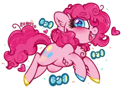 Size: 588x421 | Tagged: safe, artist:esmeia, derpibooru import, pinkie pie, earth pony, pony, blushing, bow, chest fluff, colored hooves, colored pupils, cute, diapinkes, ear fluff, eye clipping through hair, eyebrows visible through hair, female, heart, leg fluff, mare, open mouth, simple background, solo, transparent background