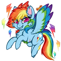 Size: 549x550 | Tagged: safe, artist:esmeia, derpibooru import, rainbow dash, pegasus, pony, cheek fluff, chest fluff, colored wings, cute, dashabetes, ear fluff, eyebrows visible through hair, female, lightning, looking at you, mare, multicolored wings, scar, simple background, smiling, solo, transparent background, wings