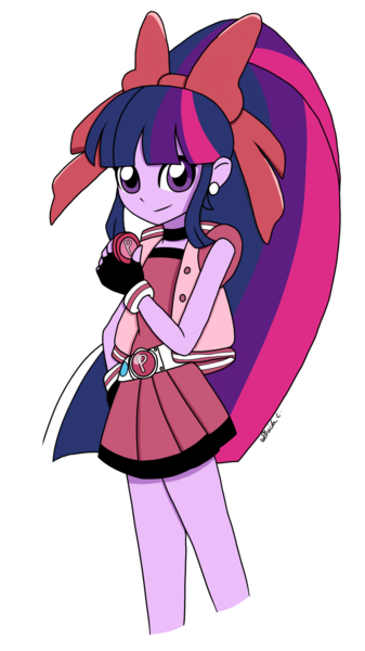 Size: 1280x2276 | Tagged: safe, artist:iamsheila, derpibooru import, twilight sparkle, equestria girls, alternate hairstyle, anime style, belt, blossom (powerpuff girls), clothes, cosplay, costume, crossover, cute, ear piercing, earring, jewelry, miniskirt, piercing, pleated skirt, ponytail, powerpuff girls z, ribbon, simple background, skirt, the powerpuff girls, transparent background, yo-yo