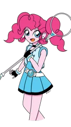 Size: 1280x2276 | Tagged: safe, artist:iamsheila, derpibooru import, pinkie pie, equestria girls, alternate hairstyle, anime style, belt, bubbles (powerpuff girls), clothes, cosplay, costume, crossover, cute, ear piercing, earring, jewelry, miniskirt, piercing, pigtails, pleated skirt, powerpuff girls z, ribbon, simple background, skirt, solo, the powerpuff girls, transparent background
