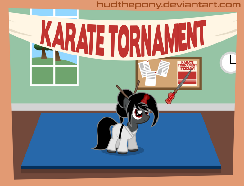 Size: 1023x781 | Tagged: safe, artist:hudthepony, derpibooru import, oc, oc:ebony darkness, unicorn, black belt, female, filly, karate, karate gi, katana, sword, weapon