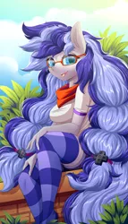 Size: 2000x3500 | Tagged: adorkable, anthro, artist:ask-colorsound, bandana, clothes, cute, derpibooru import, dork, glasses, looking at you, oc, oc:cinnabyte, park, safe, shirt, sitting, smiling, socks, striped socks, unofficial characters only