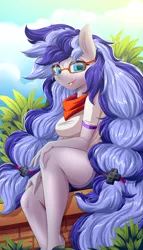 Size: 2000x3500 | Tagged: adorkable, anthro, artist:ask-colorsound, bandana, clothes, cute, derpibooru import, dork, glasses, looking at you, oc, oc:cinnabyte, park, safe, shirt, sitting, smiling, unofficial characters only