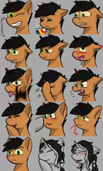 Size: 600x1000 | Tagged: safe, artist:skydreams, derpibooru import, oc, oc:bullet storm, oc:charger, pony, unicorn, angry, boop, claws, coffee, coffee mug, confused, drool, ear piercing, emoji, emotes, facehoof, feather, female, giggling, glare, lip bite, looking at you, male, mare, mug, one eye closed, piercing, question mark, rainbow, sleepy, smoke, stallion, steam, wink, yelling