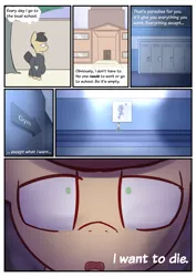 Size: 2598x3661 | Tagged: semi-grimdark, artist:triplesevens, derpibooru import, oc, oc:wheel, unofficial characters only, pony, comic, dialogue, gym, lockers, school, sign, solo, text