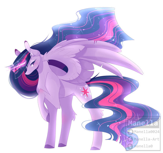 Size: 2320x2180 | Tagged: safe, artist:manella-art, derpibooru import, princess twilight 2.0, twilight sparkle, twilight sparkle (alicorn), alicorn, pony, the last problem, ear fluff, ethereal mane, female, glowing horn, horn, mare, one hoof raised, simple background, solo, white background