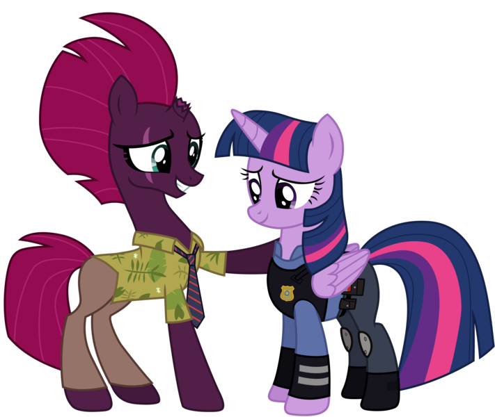 Size: 12012x10137 | Tagged: safe, artist:ejlightning007arts, derpibooru import, tempest shadow, twilight sparkle, twilight sparkle (alicorn), alicorn, unicorn, my little pony: the movie, base used, broken horn, clothes, cosplay, costume, eye scar, female, hawaiian shirt, hoof on shoulder, horn, judy hopps, lesbian, mare, necktie, nick wilde, police, police officer, police uniform, scar, shipping, shirt, simple background, smiling, tempestlight, transparent background, vector, zootopia