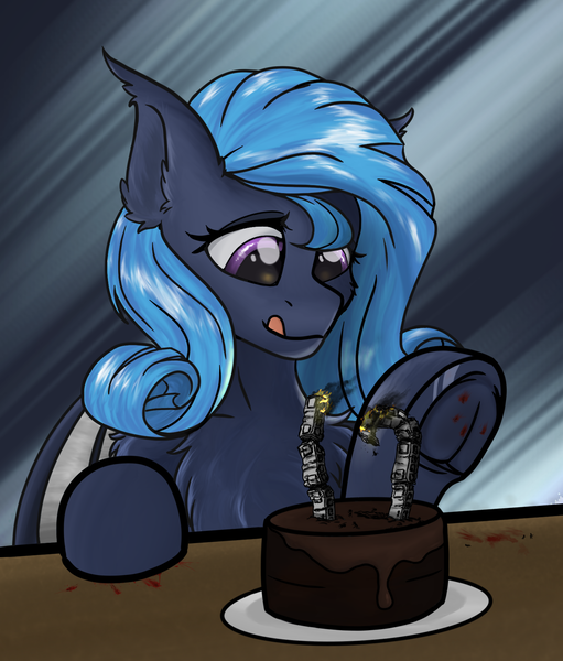 Size: 1440x1692 | Tagged: semi-grimdark, artist:notimportantinternetperson, derpibooru import, oc, oc:shadow diamond, unofficial characters only, bat pony, pony, birthday cake, blood, blood stains, cake, chocolate cake, food, giant bat, giant bat pony, macro, raised hoof, simple background, solo, train wreck