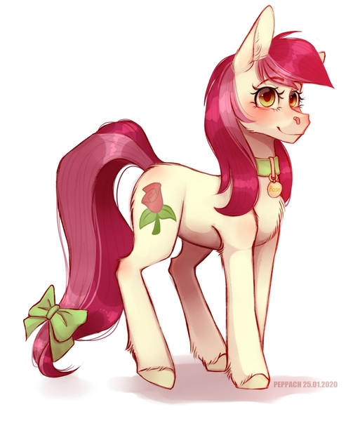 Size: 1846x2160 | Tagged: safe, artist:peppach, derpibooru import, roseluck, earth pony, pony, blushing, bow, chest fluff, collar, cute, ear fluff, female, fluffy, mare, pet collar, pet tag, pony pet, rosepet, simple background, tail bow, white background