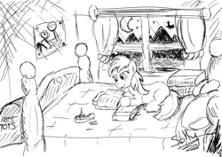 Size: 8185x5787 | Tagged: safe, artist:sollace, derpibooru import, noi, earth pony, pony, bed, bedroom, book, candle, curtains, drawing, female, filly, foal, laying on bed, lying, matchstick, moon, mountain, nightsky, on bed, pillow, reading, smiling, solo, stars, tired, tongue out, toybox, window