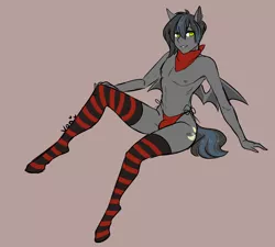 Size: 2220x2000 | Tagged: suggestive, artist:nemovonsilver, derpibooru import, oc, oc:notde, unofficial characters only, anthro, bat pony, bat pony oc, bat wings, clothes, crotch bulge, ear piercing, earring, femboy, jewelry, male, neckerchief, panties, partial nudity, piercing, simple background, socks, solo, solo male, striped socks, thigh highs, thong, topless, underwear, wings