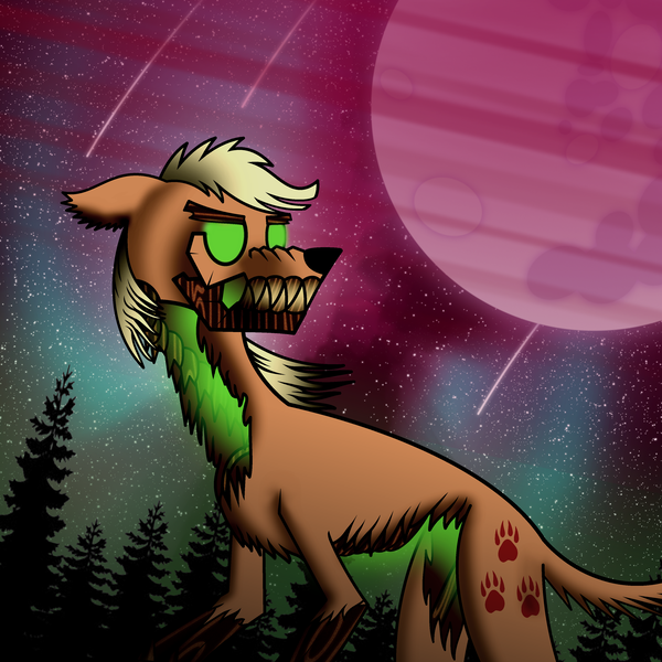 Size: 3333x3333 | Tagged: semi-grimdark, artist:checkered, derpibooru import, applejack, earth pony, hengstwolf, hybrid, original species, pony, timber pony, timber wolf, werewolf, atmosphere, everfree forest, mare in the moon, moon, night, solo, species swap, timber wolfified, timberjack