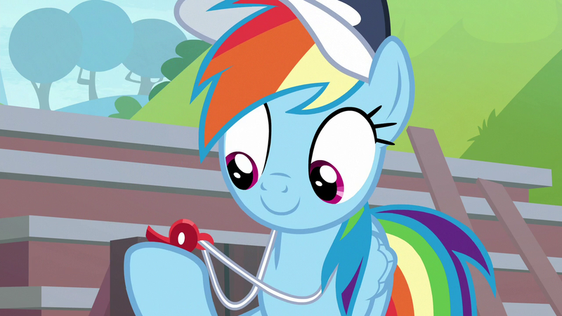 Size: 1280x720 | Tagged: safe, derpibooru import, screencap, rainbow dash, pegasus, pony, 2 4 6 greaaat, buckball court, close-up, coach rainbow dash, coaching cap, cute, dashabetes, female, hat, mare, rainbow dashs coaching whistle, smiling, solo, that pony sure does love whistles, whistle, whistle necklace