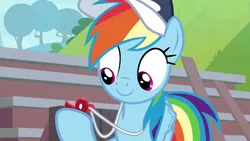 Size: 1280x720 | Tagged: safe, derpibooru import, screencap, rainbow dash, pegasus, pony, 2 4 6 greaaat, buckball court, close-up, coach rainbow dash, coaching cap, cute, dashabetes, female, hat, mare, rainbow dashs coaching whistle, smiling, solo, that pony sure does love whistles, whistle, whistle necklace